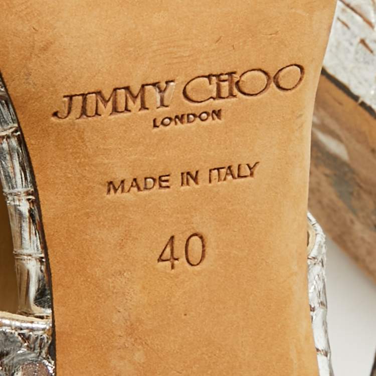 Pre Owned Jimmy Choo Metallic Silver Python Embossed Leather Private Peep Toe Sandals Size 40