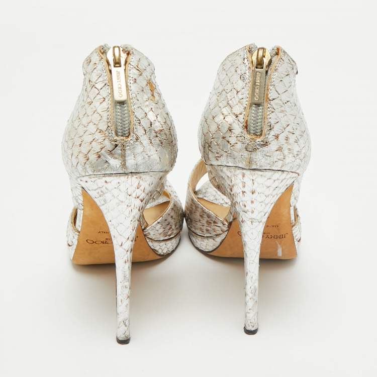 Pre Owned Jimmy Choo Metallic Silver Python Embossed Leather Private Peep Toe Sandals Size 40