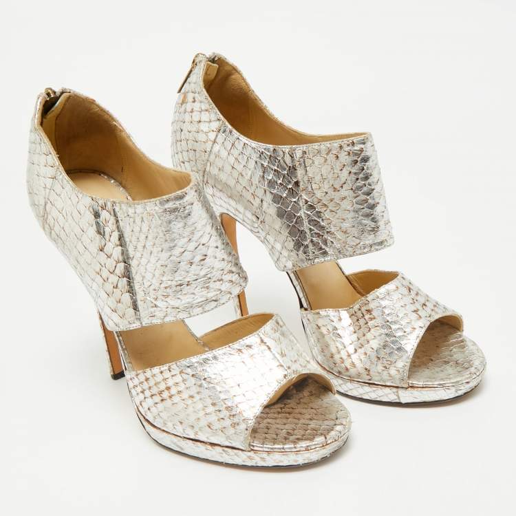 Pre Owned Jimmy Choo Metallic Silver Python Embossed Leather Private Peep Toe Sandals Size 40