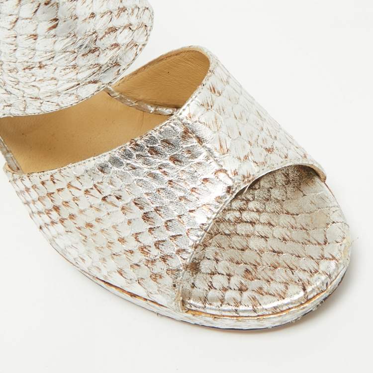 Pre Owned Jimmy Choo Metallic Silver Python Embossed Leather Private Peep Toe Sandals Size 40
