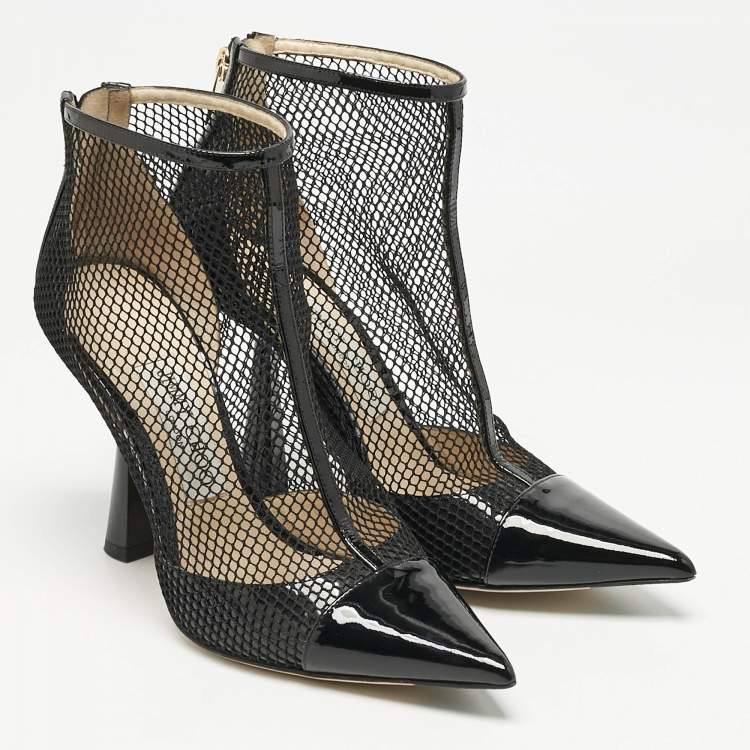 Pre Owned Jimmy Choo Black Mesh and Patent Leather Kix Ankle Boots Size 37