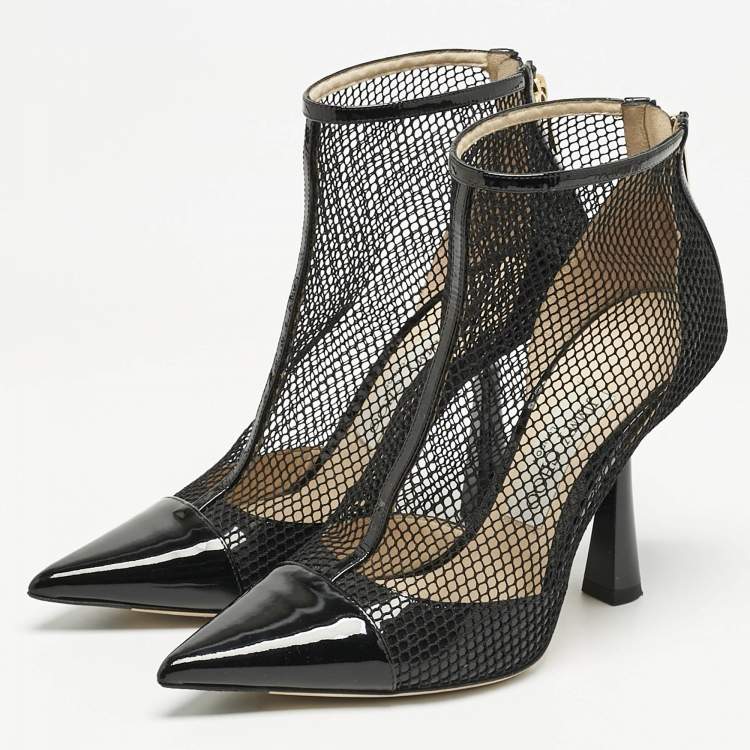 Pre Owned Jimmy Choo Black Mesh and Patent Leather Kix Ankle Boots Size 37
