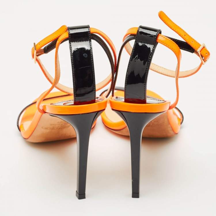 Pre Owned Jimmy Choo Orange/Black Patent Leather Minny Ankle Strap Sandals Size 41