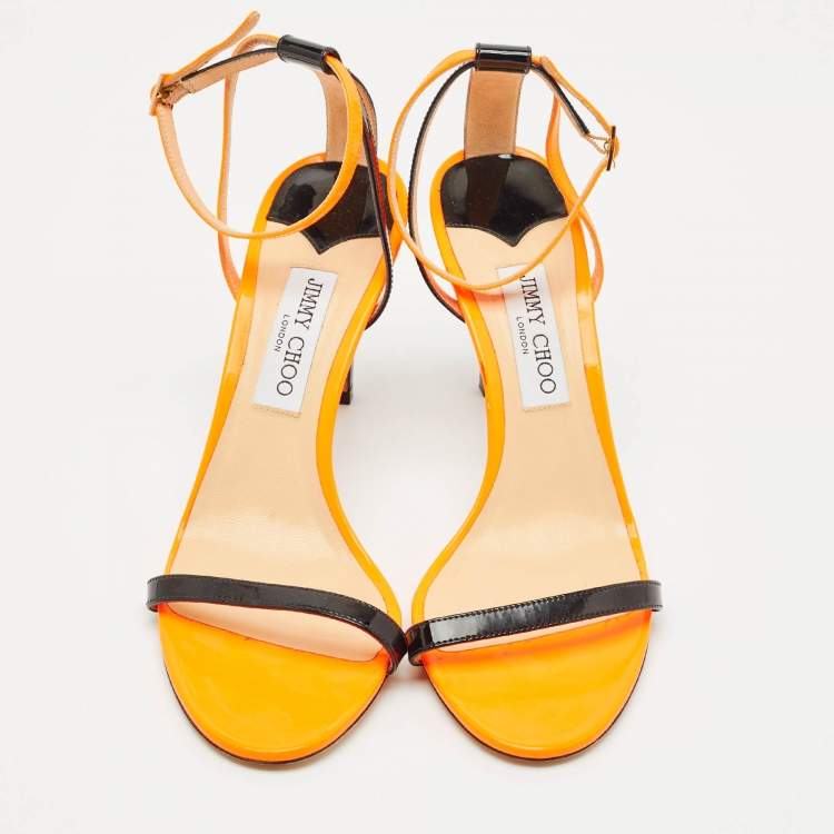 Pre Owned Jimmy Choo Orange/Black Patent Leather Minny Ankle Strap Sandals Size 41