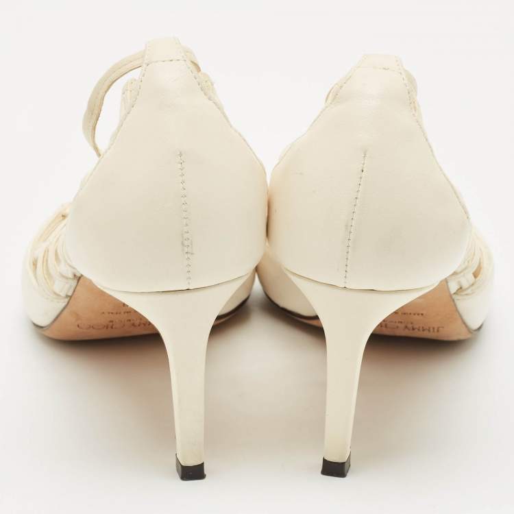 Pre Owned Jimmy Choo White Leather Soraya Ankle Wrap Pumps Size 38