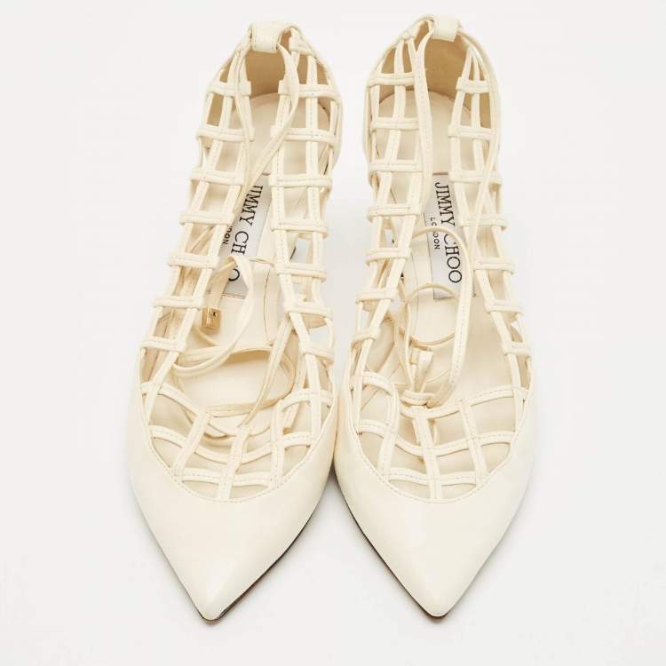 Pre Owned Jimmy Choo White Leather Soraya Ankle Wrap Pumps Size 38