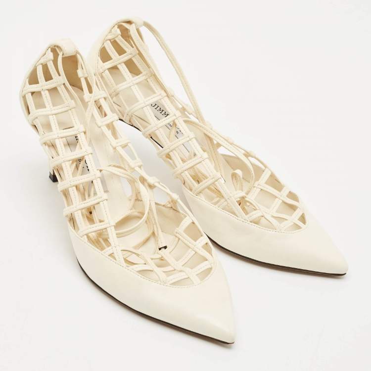 Pre Owned Jimmy Choo White Leather Soraya Ankle Wrap Pumps Size 38