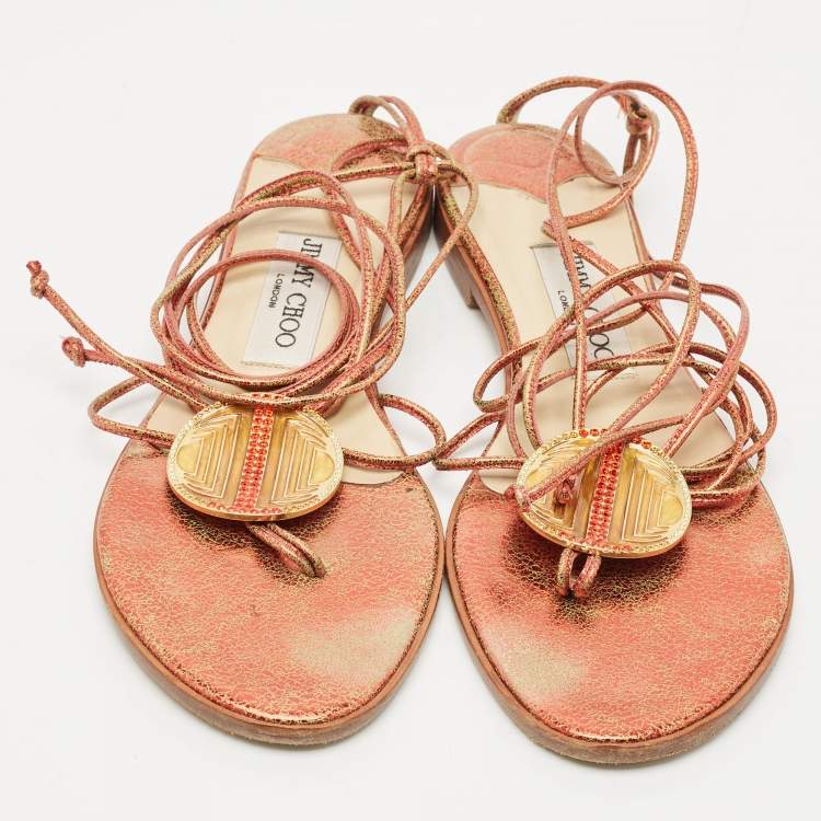 Pre Owned Jimmy Choo Multicolor Leather Flat Ankle Wrap Sandals Size 37