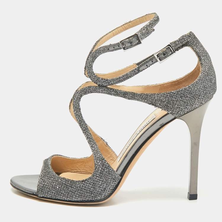 Pre Owned Jimmy Choo Grey Lurex Fabric Azia Ankle Strap Sandals Size 36
