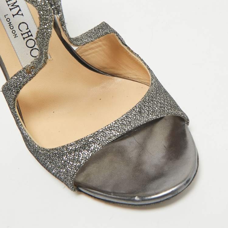 Pre Owned Jimmy Choo Grey Lurex Fabric Azia Ankle Strap Sandals Size 36