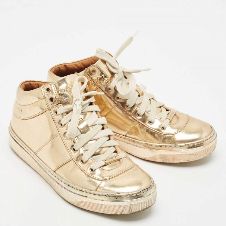 Pre Owned Jimmy Choo Gold Patent Leather Belgravia Sneakers Size 35