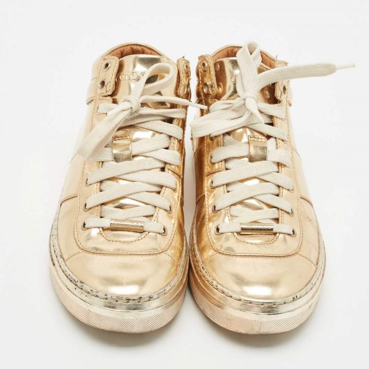Pre Owned Jimmy Choo Gold Patent Leather Belgravia Sneakers Size 35