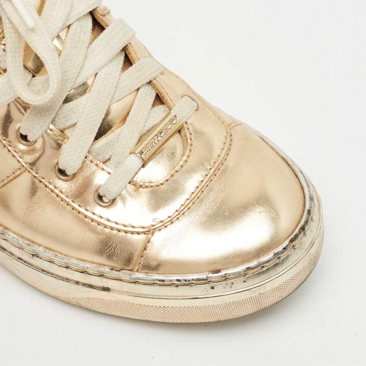Pre Owned Jimmy Choo Gold Patent Leather Belgravia Sneakers Size 35