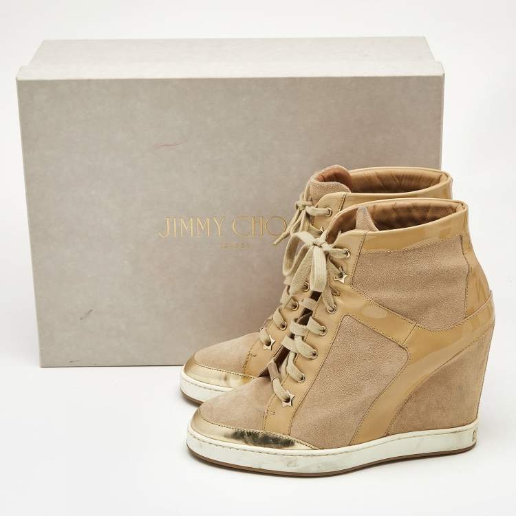 Pre Owned Jimmy Choo Beige Suede and Patent Leather Panama Wedge Sneakers Size 39