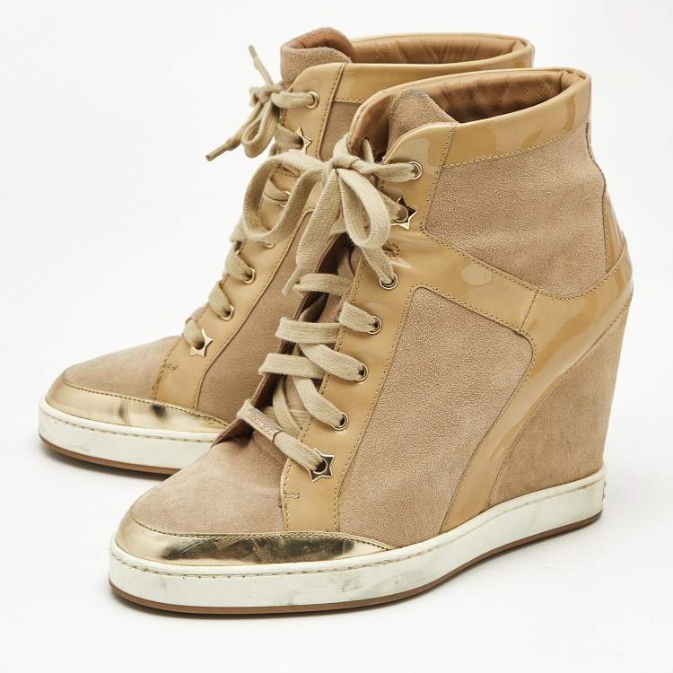 Pre Owned Jimmy Choo Beige Suede and Patent Leather Panama Wedge Sneakers Size 39
