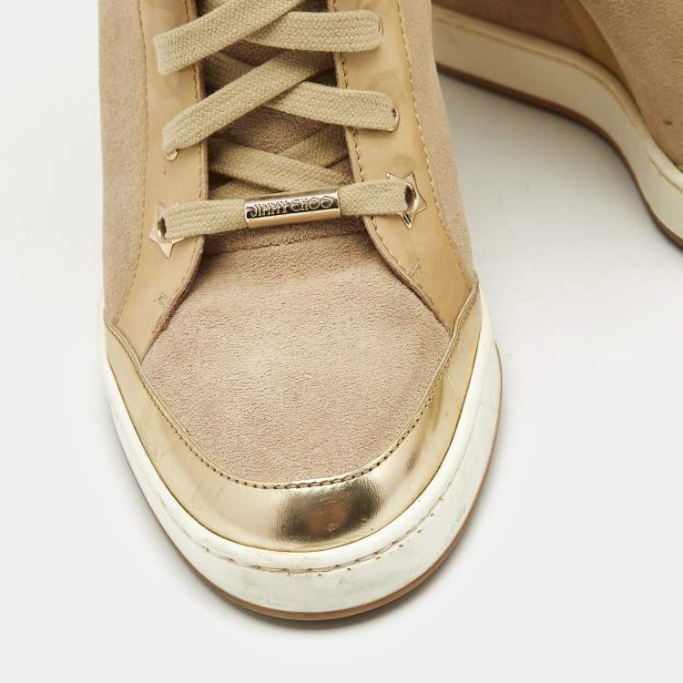 Pre Owned Jimmy Choo Beige Suede and Patent Leather Panama Wedge Sneakers Size 39