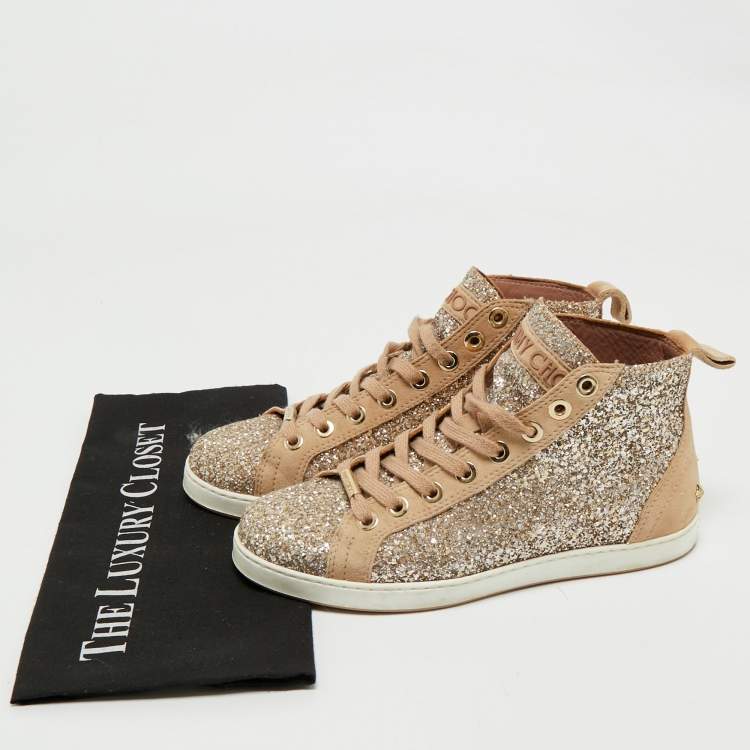 Pre Owned Jimmy Choo Beige/Silver Glitter and Suede High Top Sneakers Size 38