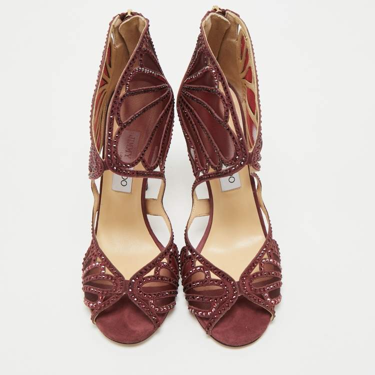 Pre Owned Jimmy Choo Burgundy Mesh and Suede Crystal Embellished Sandals Size 39