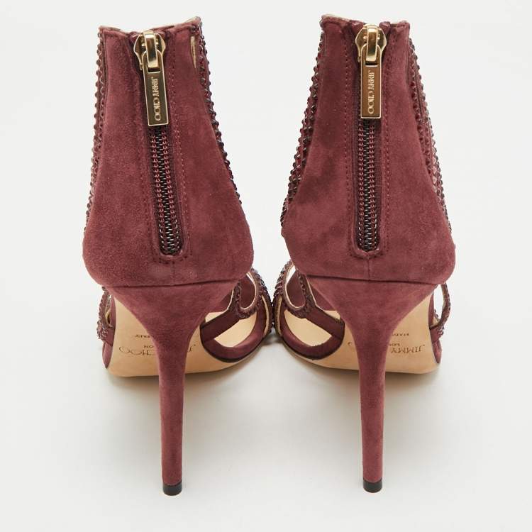 Pre Owned Jimmy Choo Burgundy Mesh and Suede Crystal Embellished Sandals Size 39