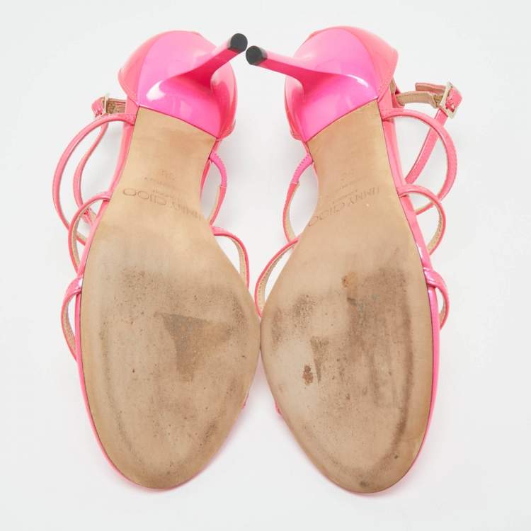Pre Owned Jimmy Choo Neon Pink Patent Leather Thistle Open Toe Sandals Size 36