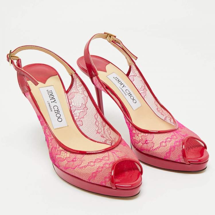 Pre Owned Jimmy Choo Pink/Burgundy Patent and Lace Nova Slingback Sandals Size 36