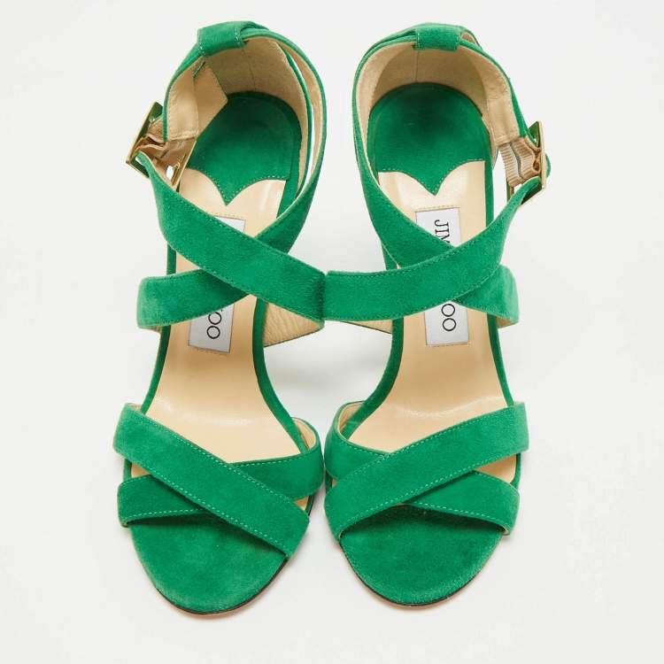 Pre Owned Jimmy Choo Green Suede Crisscross Ankle Strap Sandals Size 36