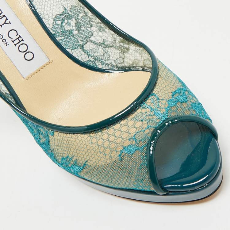 Pre Owned Jimmy Choo Green Lace and Patent Leather Nova Peep-Toe Slingback Sandals Size 36
