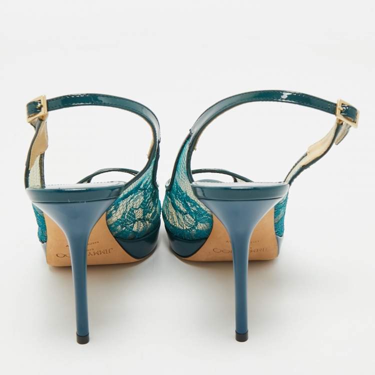 Pre Owned Jimmy Choo Green Lace and Patent Leather Nova Peep-Toe Slingback Sandals Size 36