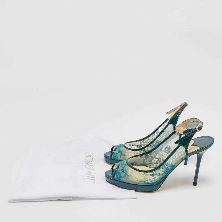 Pre Owned Jimmy Choo Green Lace and Patent Leather Nova Peep-Toe Slingback Sandals Size 36