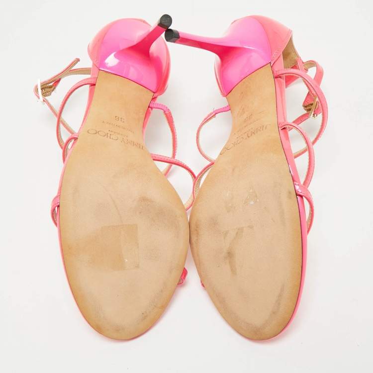 Pre Owned Jimmy Choo Neon Pink Patent Leather Thistle Open Toe Sandals Size 36