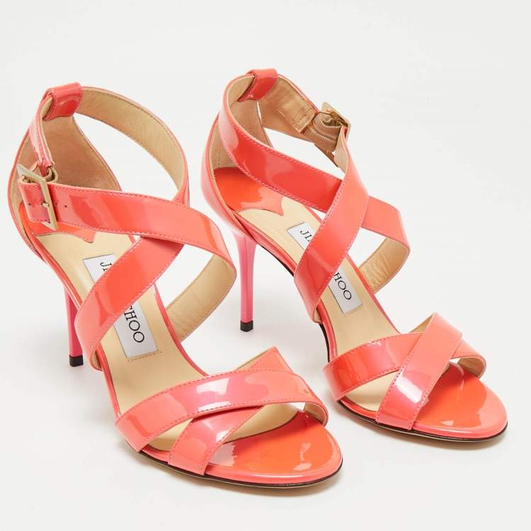 Pre Owned Jimmy Choo Pink Lace and Patent Leather Lottie Strappy Sandals Size 36