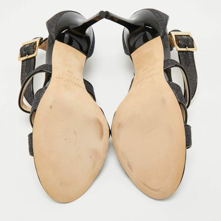 Pre Owned Jimmy Choo Black Canvas and Patent Ivette Strappy Sandals Size 36