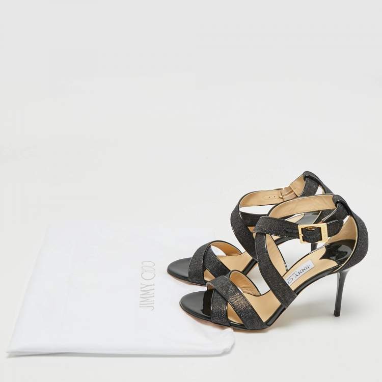 Pre Owned Jimmy Choo Black Canvas and Patent Ivette Strappy Sandals Size 36