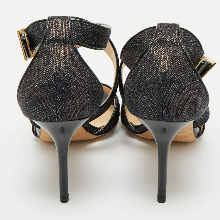 Pre Owned Jimmy Choo Black Canvas and Patent Ivette Strappy Sandals Size 36