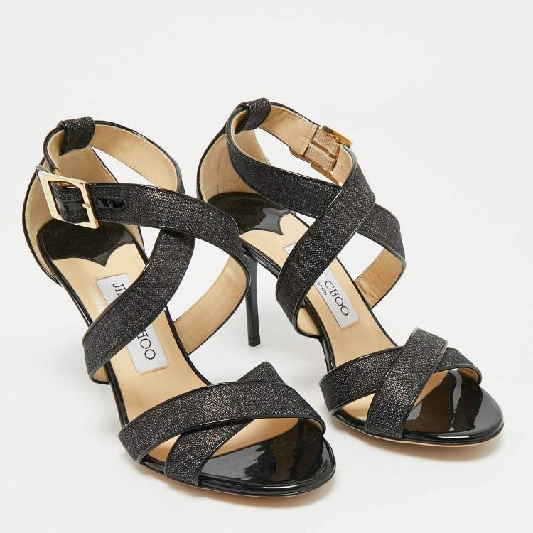 Pre Owned Jimmy Choo Black Canvas and Patent Ivette Strappy Sandals Size 36