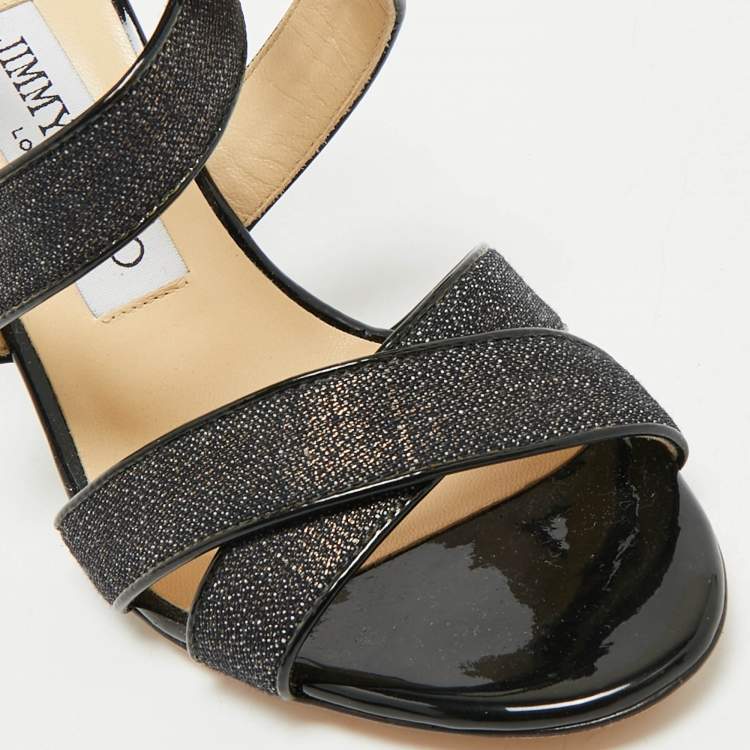 Pre Owned Jimmy Choo Black Canvas and Patent Ivette Strappy Sandals Size 36