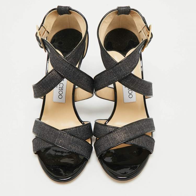 Pre Owned Jimmy Choo Black Canvas and Patent Ivette Strappy Sandals Size 36