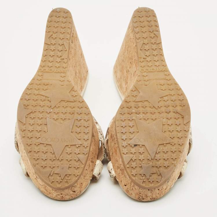 Pre Owned Jimmy Choo Metallic Gold Python Embossed Leather  Prima Cork Platform Wedge Sandals Size 38