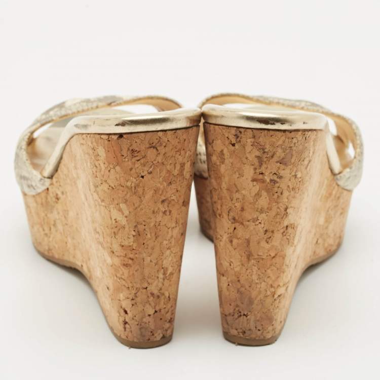 Pre Owned Jimmy Choo Metallic Gold Python Embossed Leather  Prima Cork Platform Wedge Sandals Size 38