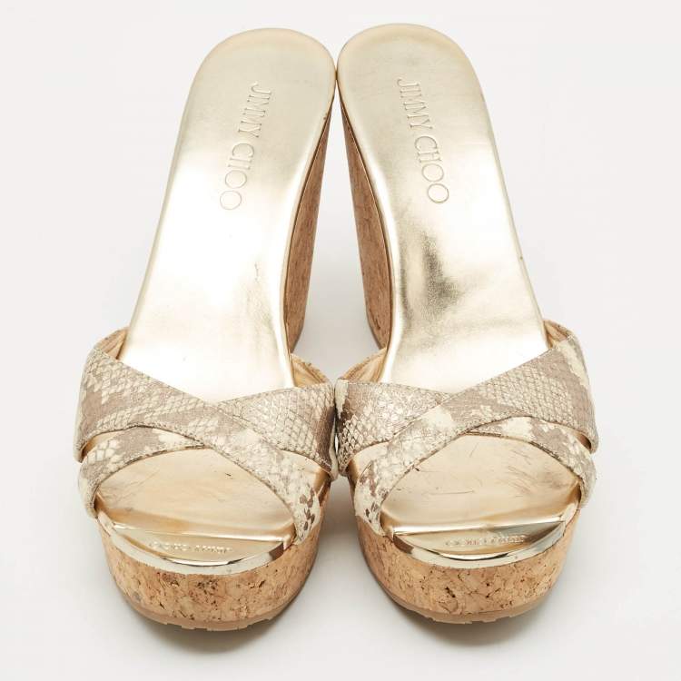 Pre Owned Jimmy Choo Metallic Gold Python Embossed Leather  Prima Cork Platform Wedge Sandals Size 38