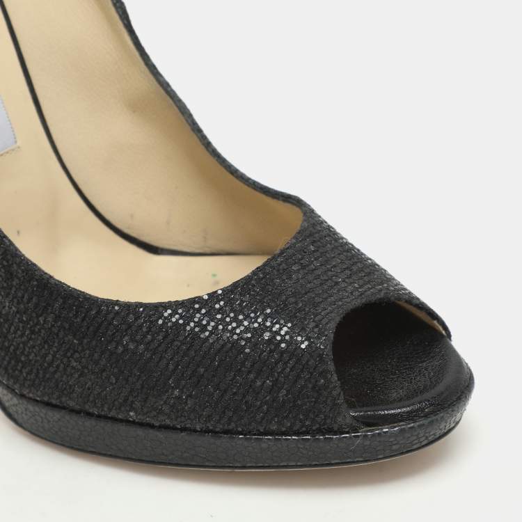 Pre Owned Jimmy Choo Black Glitter Fabric and Leather Luna Platform Pumps Size 39