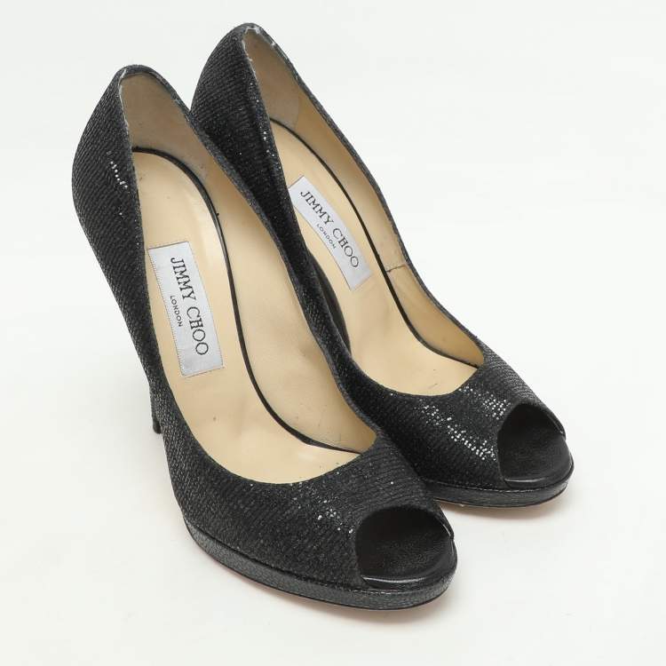 Pre Owned Jimmy Choo Black Glitter Fabric and Leather Luna Platform Pumps Size 39