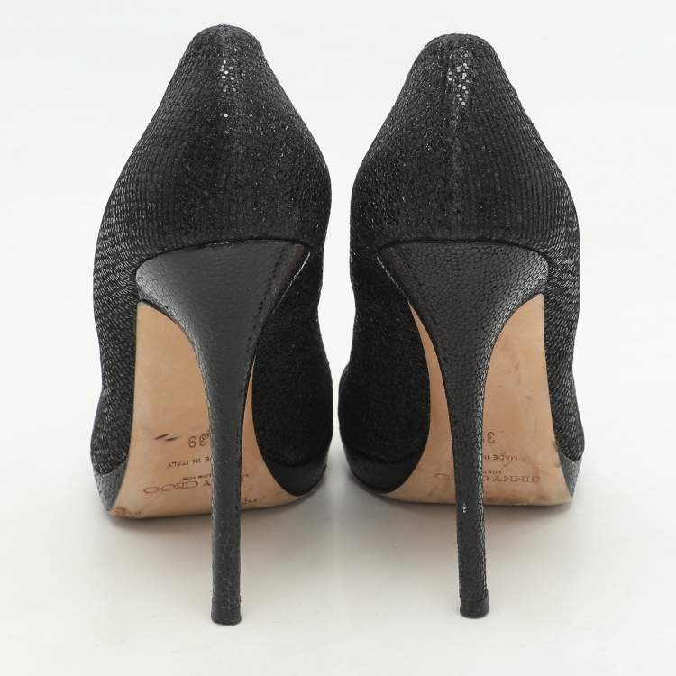 Pre Owned Jimmy Choo Black Glitter Fabric and Leather Luna Platform Pumps Size 39