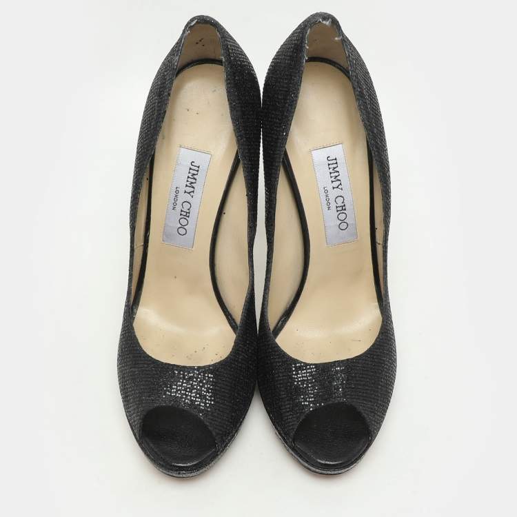 Pre Owned Jimmy Choo Black Glitter Fabric and Leather Luna Platform Pumps Size 39