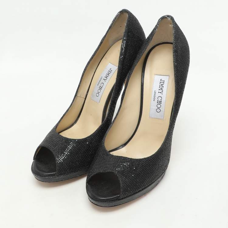 Pre Owned Jimmy Choo Black Glitter Fabric and Leather Luna Platform Pumps Size 39