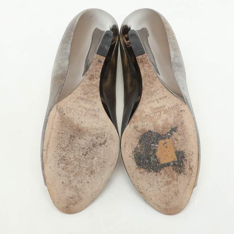 Pre Owned Jimmy Choo Metallic Lizard Embossed Leather Baxen Wedge Pumps Size 39.5