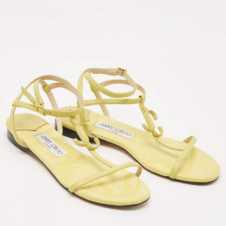 Pre Owned Jimmy Choo Neon Yellow Leather Alodie Flat Sandals Size 38