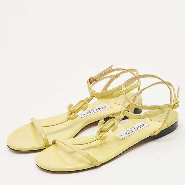 Pre Owned Jimmy Choo Neon Yellow Leather Alodie Flat Sandals Size 38