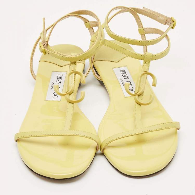 Pre Owned Jimmy Choo Neon Yellow Leather Alodie Flat Sandals Size 38