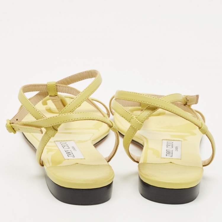 Pre Owned Jimmy Choo Neon Yellow Leather Alodie Flat Sandals Size 38